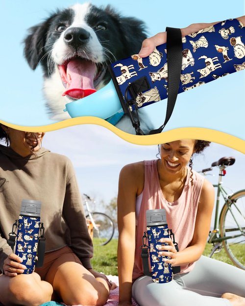 Toykee Portable Neoprene Water Bottle Sleeve - Travel Dog Water Bottle Cover Bag with Puppy Poop Bag Holder, Funny Blue Pet Water Sling Carrier with Adjustable Strap for Walking Hiking