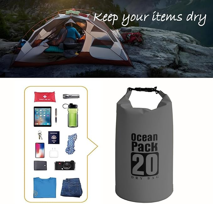 Floating Waterproof Dry Bag Backpack 5L/10L/20L, Roll Top Bag for Kayaking, Rafting, Boating, Swimming, Camping, Hiking, Beach, Fishing, Waterproof Beach Bag. (Gray, 20L)