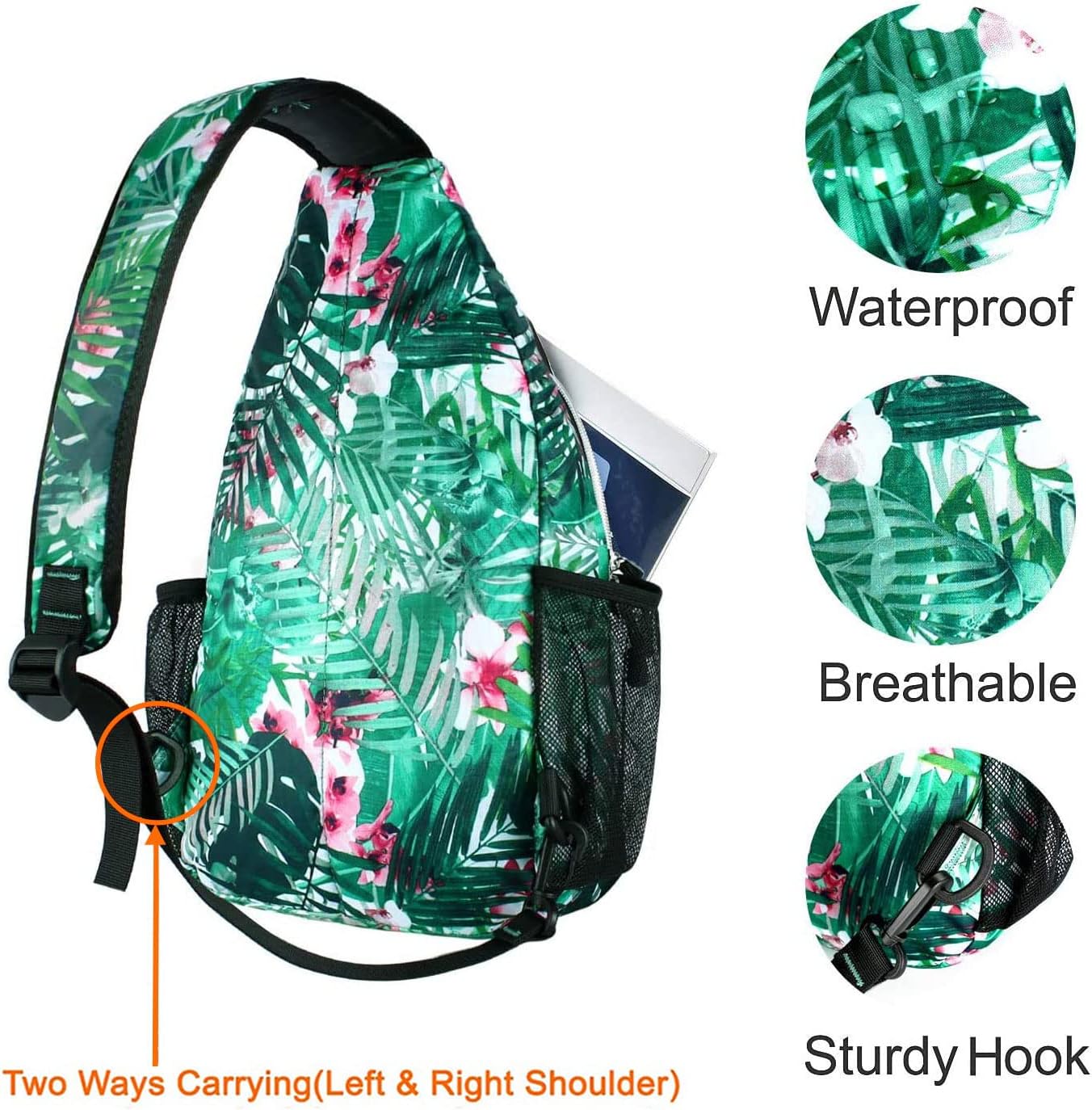 MOSISO Sling Backpack,Travel Hiking Daypack Pattern Rope Crossbody Shoulder Bag, Palm Leaf Flower