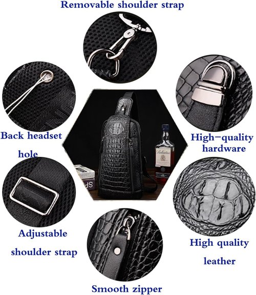 Mens Sling Bags Crocodile PU Shoulder Crossbody Chest Bag Satchels Hiking Daypack Dark Brown