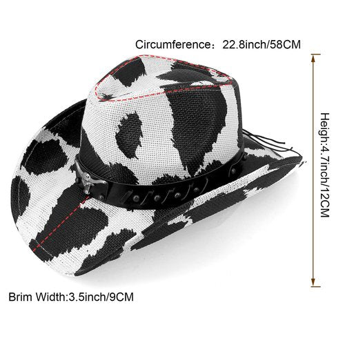 Cow Print Cowboy Hat for Men's Women's,Straw Western Cowgirl Hat with Unique Metalbull Hatband Black and White Bachelorette Party Hats