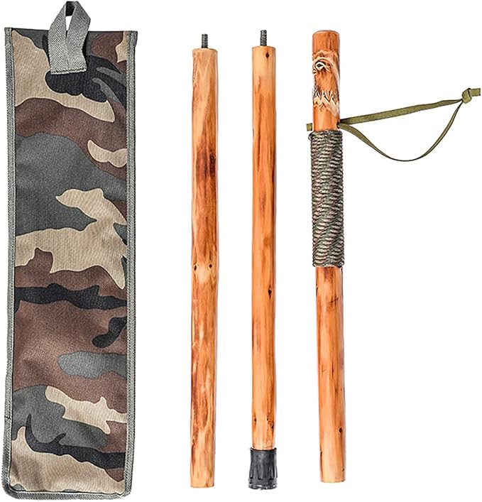 3pc Detachable Fir Wood Walking Stick for Hiking with Compass 55 Inches - with Animal Carving - Soft Hand Strap - Rubber Tip Cover