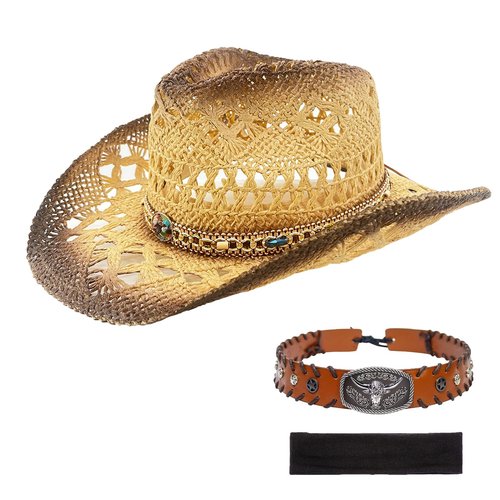 Men's Women's Western Straw Cowboy Hat, Cowgirl Sun Beach Hat with Two Decorative Bands and a Hair Band, Wide Brim Brown
