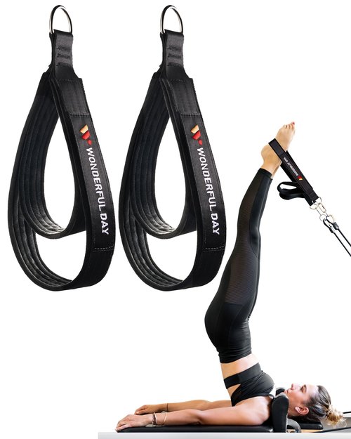 Wonderful Day 2PCS Pilates Straps for Reformer with Storage Bag & Gift Box, Comfortable Enhanced Thickness, Fitness D-Ring Double Loop Exercise Straps for Home Gym Workout（Black-Premium Version）