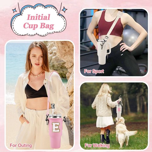 Personalized Initial A-Z Water Bottle Holder Bag for Stanley 40oz Tumbler, Initial Water Bottle Carrier Bag with Strap, 2 Straw Cover Cap &2 Letter Chains for Stanley Cup Accessories(Pink-White E)
