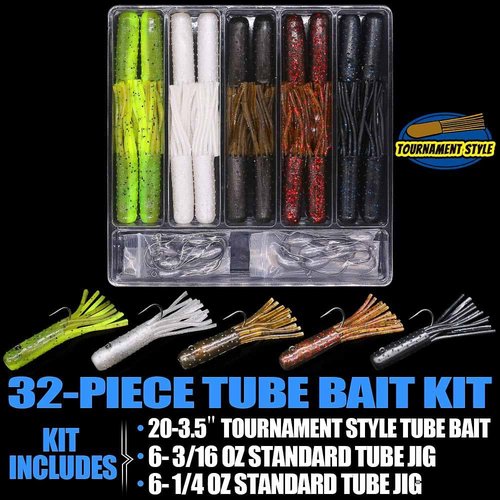 Tube-Baits-for-Bass-Fishing-Lures-Soft-Plastic-Bait-Worm-Tube Jigs Kit with Smallmouth Large Mouth Bass Lake Trout (3.5 inch Tube Baits 32 pc. Kit)