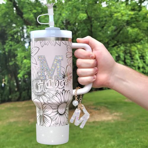 LA KEN DU Letter Charms for Stanley Cup Handle,Silicone Boot Accessories Charms for Stanley Cup 40oz 30oz,Crown Straw Cover Topper & Diamond Sticker (M)