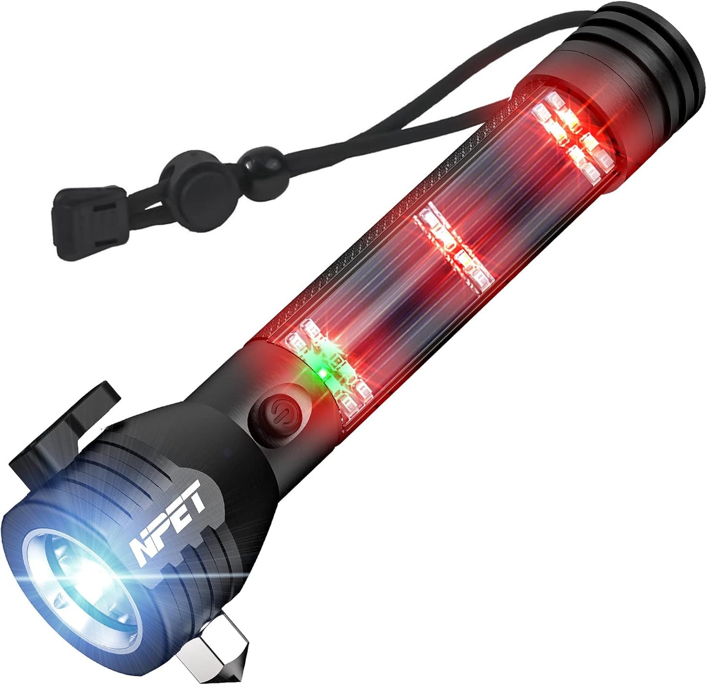 NPET T10 Car Flashlight 500 Lumens LED COB Light Solar Powered USB Rechargeable Tactical Multi-Function Torch Tool with 120dB Siren Window Breaker Seat Belt Cutter Compass for Camping