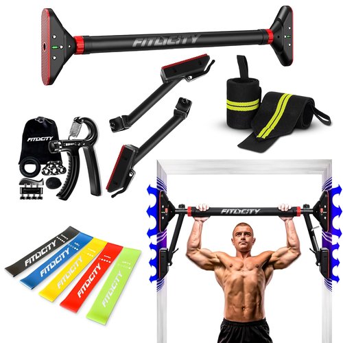 Fitlicity Pull Up Bar for doorway With Hand Grip Strengthener & Resistance Bands, Chin Up Bar for Upper Body Workout & Exercise, 29.9" - 37.5" Adjustable Width Locking Mechanism, No Screw Installation, 880 lbs