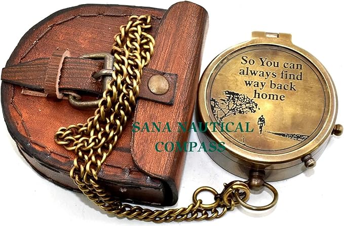 So You Can Always Find Your Way Back Home Compass Brass Pocket Compass, Nautical Compass with Leather Case, Pocket Compass for Hiking, Survival Instrument, Baptism, Christian, Graduation Gifts