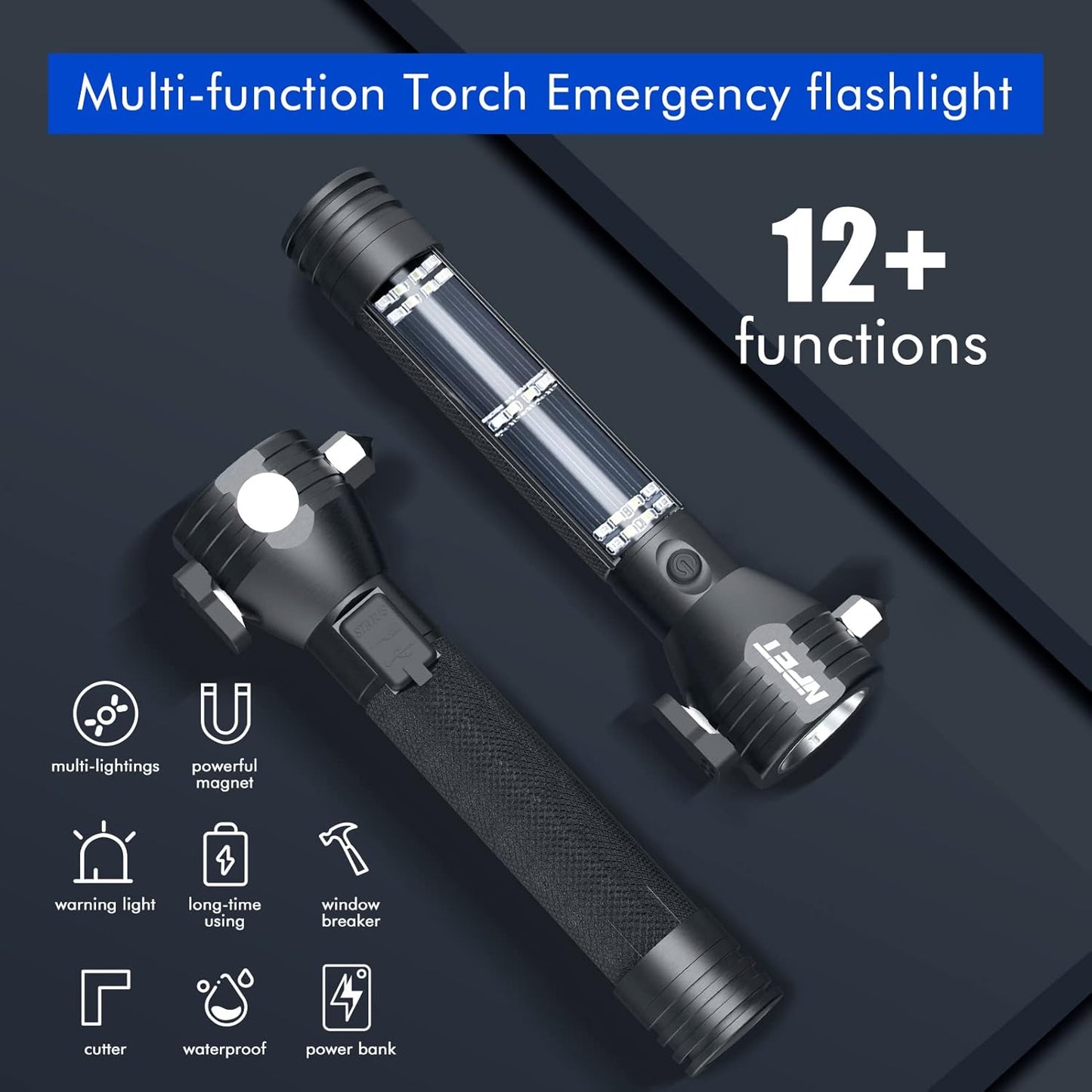 NPET T10 Car Flashlight 500 Lumens LED COB Light Solar Powered USB Rechargeable Tactical Multi-Function Torch Tool with 120dB Siren Window Breaker Seat Belt Cutter Compass for Camping