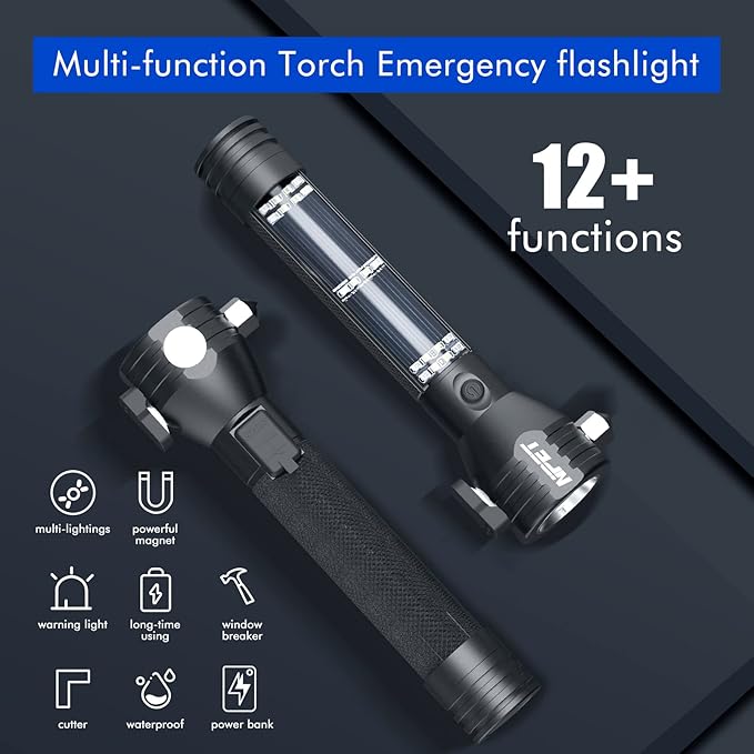 NPET T09 Solar Flashlight Car Flashlight 268 Lumens LED COB Light USB Rechargeable Tactical Multi-Function Torch Tool with Window Breaker Seat Belt Cutter Compass