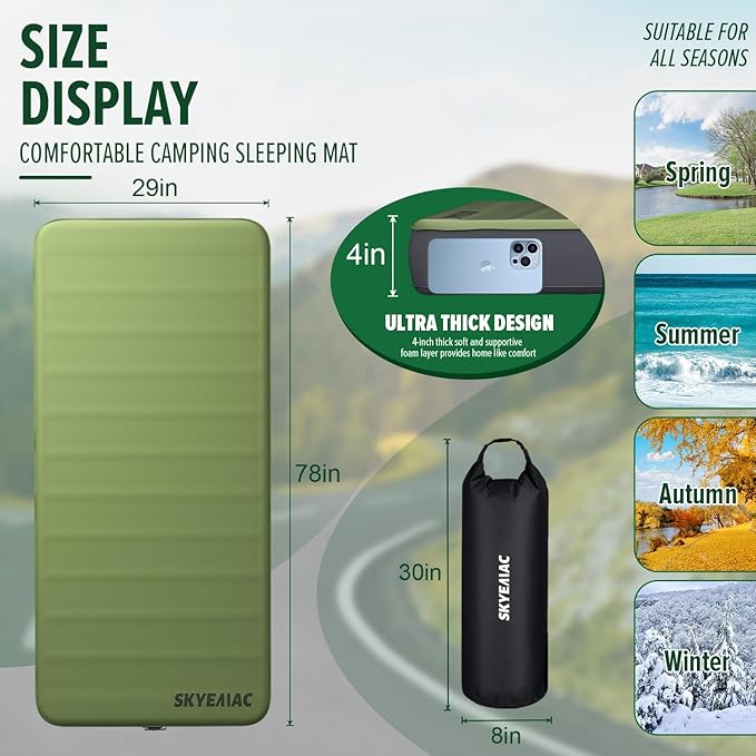 SKYEMAC 4" Thick Self Inflating Sleeping Pad with 13R Memory Foam, 78" x 29" Camping Mattress with Pump Sack, Portable Roll Up Bed, Inflatable Outdoor Mat for Rooftop Tent Car Truck Van, 4 Season