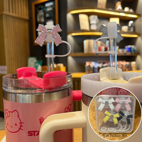 Amreich Epoxy Bow Straw Toppers for Stanley Cups -4PCs Cute Straw Cover Caps Silicone Stanley Cup Accessories Compatible with 12 20 30 40 Oz Tumblers in Pink Black White Yellow with Storage Case