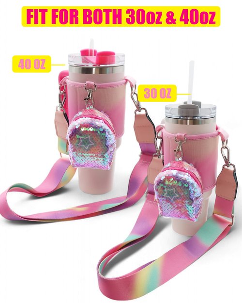 TOVICE Stanley Cup Holder with Strap, Crossbody Strap for Stanley 40oz & 30oz /Hydroflask/Simple Modern, Glitter Sequin Coin Purse, Pink Stanley Cup Accessories, Fits Most 32-40oz Bottles