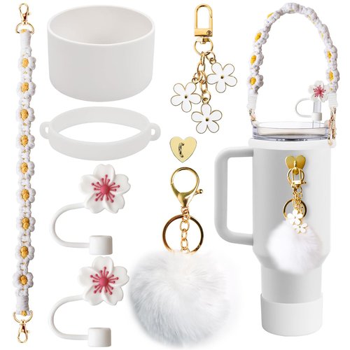 Stanley 8PCS Cup Accessories for 40oz & 30oz Tumbler with Handle, Including Silicone Straw Topper, Water Bottle Strap, Boot, Keychain Charms (White)