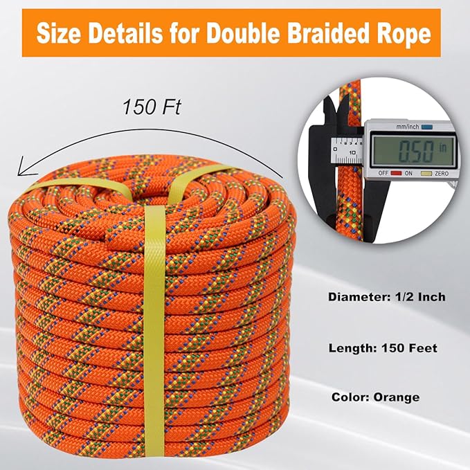 Double Braided Arborist Rope - 1/2 Inch x 150 Feet Polyester Rope - High Strength Climbing Rope for Tree Work, Halyard, Sailing (Orange)
