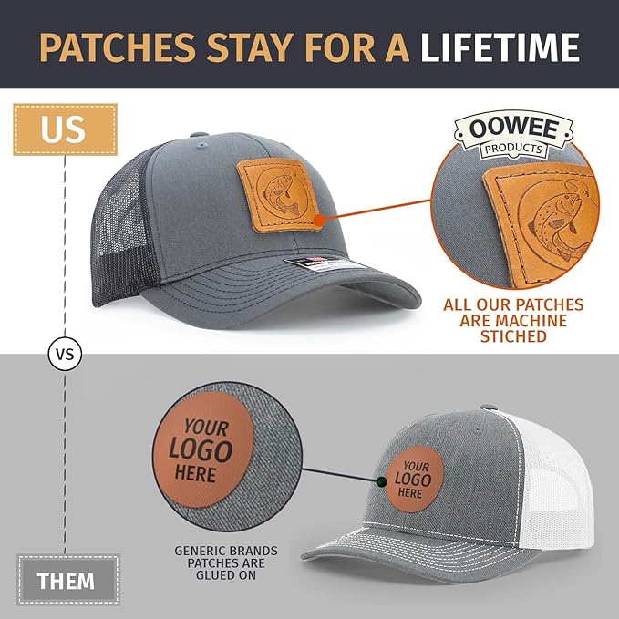 Leather Patch Hat for Men - Richardson 112 Trucker Hat w/Full-Grain Leather Patch, Laser-Engraved, Machine-Stitched