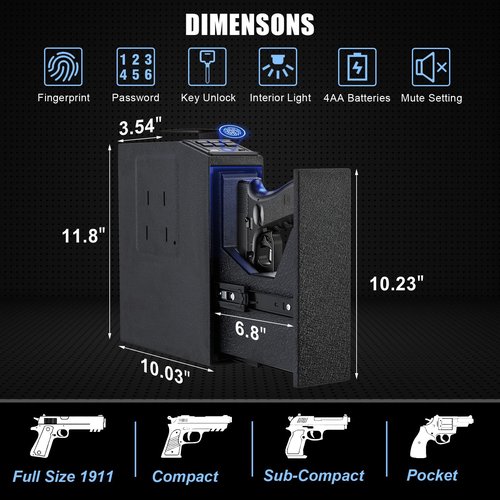 LMRSTOO Biometric Gun Safe for Handgun,Fingerprint Bedside Gun Safe, PIN Code, KEY Access,Upgrade 6 Numeric Buttons,Electric Quantity Display,Emergency Charging Port(Bateries is not include)