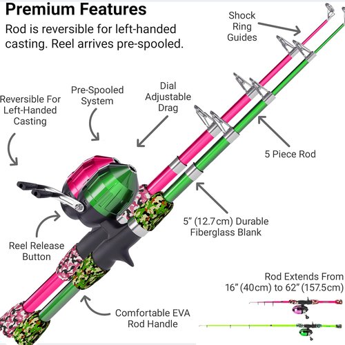 Lanaak 2 Pack Kids Telescopic Fishing Pole, Kids Portable Fishing Rod Set, Tackle Box and Fishing Net Combo Kit, Kids Fishing Gear for Boys and Girls Age 5-10 and Youth – Green and Pink