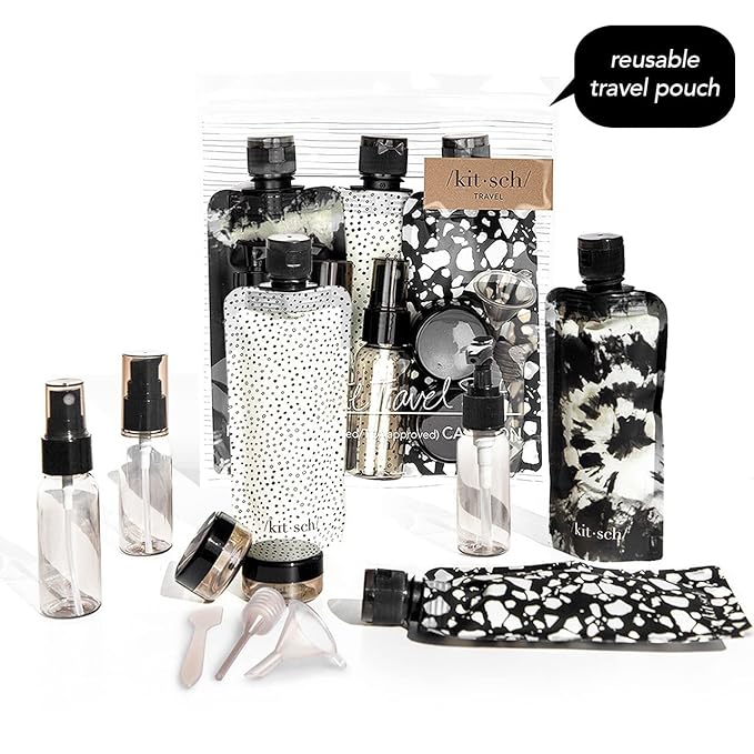 Kitsch 11 PCS Travel Bottles for Toiletries – Travel Essentials Kit for Shampoo, Conditioner, Lotion & More - TSA Approved Travel Bottles, Leak-Proof Refillable Travel Size Containers - Black & Ivory
