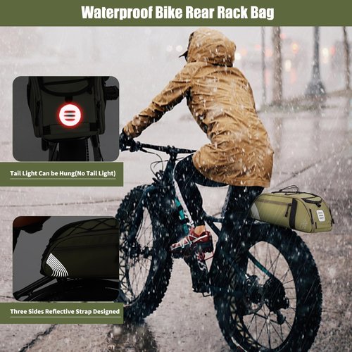 BEEYEO Rear Bike Rack Bag Waterproof Bike Bags with Reflector, Rain Cover & Shoulder Strap for Commuter Travel Outdoor, Green