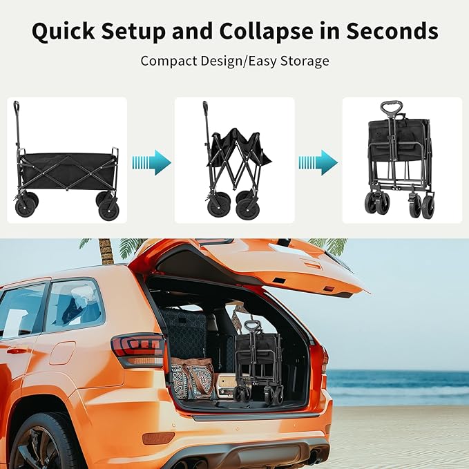 Collapsible Wagon Cart Foldable, 35" L Folding Beach Wagon with All-Terrain Wheels, Heavy Duty Shopping Cart with 350lbs Large Capacity, Portable Camping Wagons Carts for Grocery Garden, Black