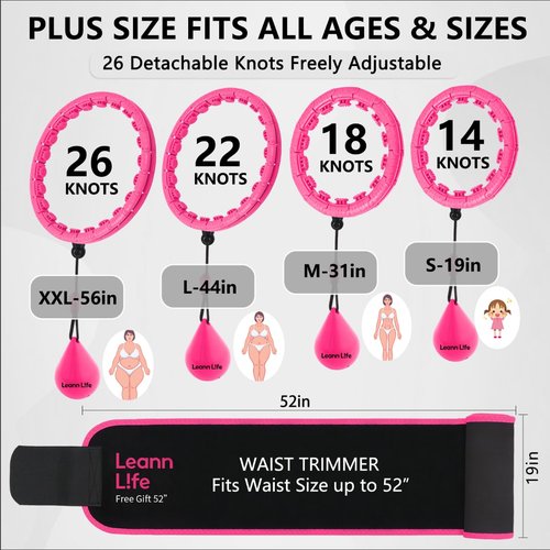Leann L!fe U2-26 Knots 19”- 56”, Weighted Hula Hoop for Adults Weight Loss, Infinity Hoop Plus Size, Child Adult Home Outdoors, Abdominal Toner, Pink