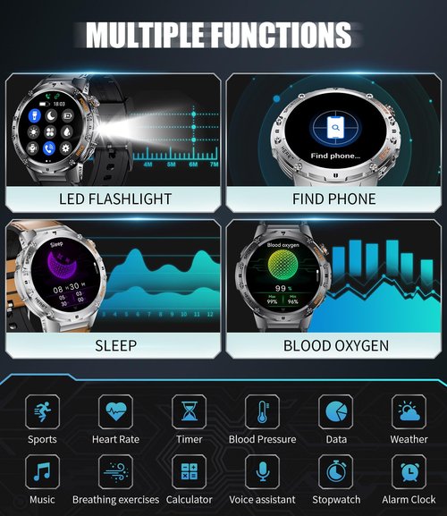 HIRREO Smart Watch for Men(Answer/Make Calls), 100+ Sport Modes Fitness Tracker, Flashlight/1.43'' AMOLED/Heart Rate/Sleep Monitor, 5ATM Waterproof Rugged Smart Watches Compatible Android iOS