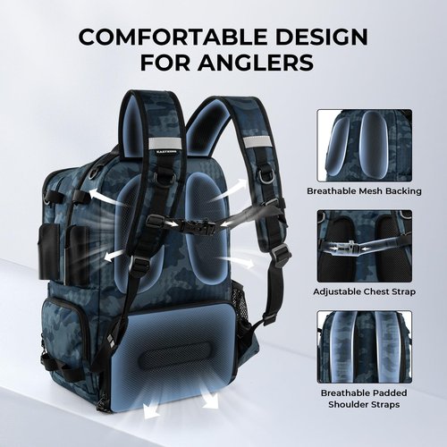 KastKing BaitSpace 50L Fishing Tackle Backpack with Removable Bait Binder & 4 Tackle Boxes,2 Rod Holders Storage Fishing Gear and Equipment,Blue Camo