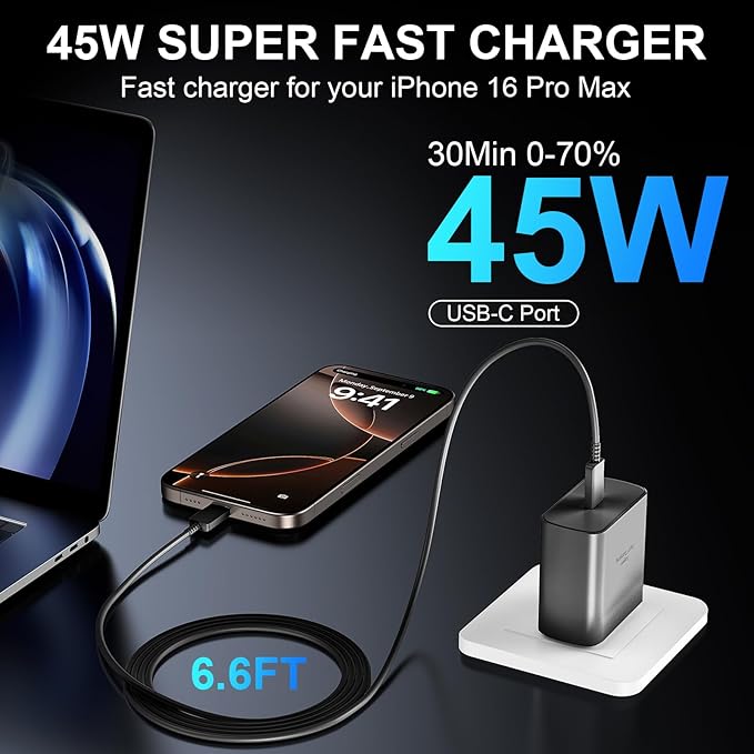 Phone 16 Pro Max Charger Fast Charging, 45W USB C Phone 16 Super Fast Charger Block with 6.6FT Long Type C Charging Cable Cord for Phone 16/16 Pro/16 Pro Max/16 Plus, 15/15 ProMax/Pro/Plus-2pack black