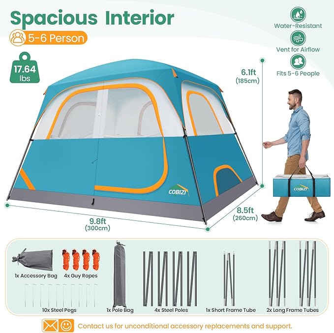 COBIZI Camping Tent, 4/6 Person Easy Setup Waterproof Windproof Backpacking Tent with Removable Rainfly, Lightweight Portable Outdoor Family Tents for Camping, Travel, Fishing, Hiking, Scouts