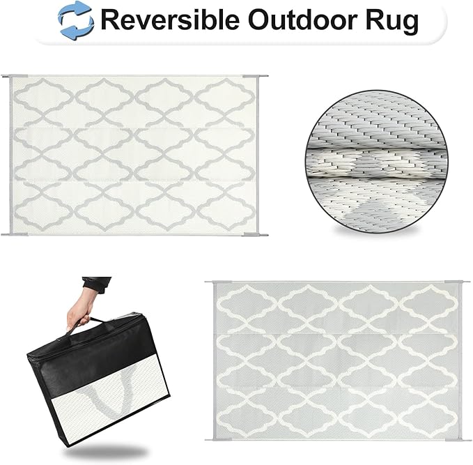 OutdoorLines Outdoor Plastic Area Rugs for Patio 6x9 ft - Reversible Outside Carpet, Stain & UV Resistant RV Mats, Straw Rug for Camping, Deck Garden, Porch and Balcony, Moroccan/Beige & Light Grey