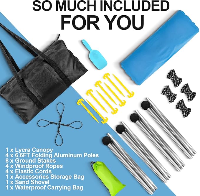 Buheco Beach Tent Pop Up Shade 10x10ft Beach Canopy Sun Shelter UPF50+ with 4 Foldable Poles-Portable Carrying Bag-Sand Shovel-Ground Pegs-Windproof Ropes for Outdoor Family Camping-Fishing- Picnic