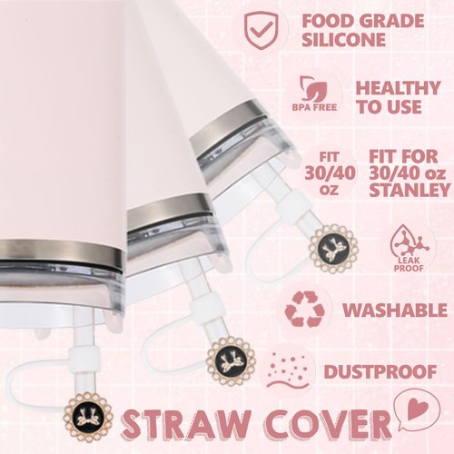 3PCS Cup Accessories Compatible with Stanley - Straw Cover for 30&40 Oz Tumbler 10mm Silicone Straw Topper, Initial Charms Chain for Handle and Letter Sticker Decorations-K