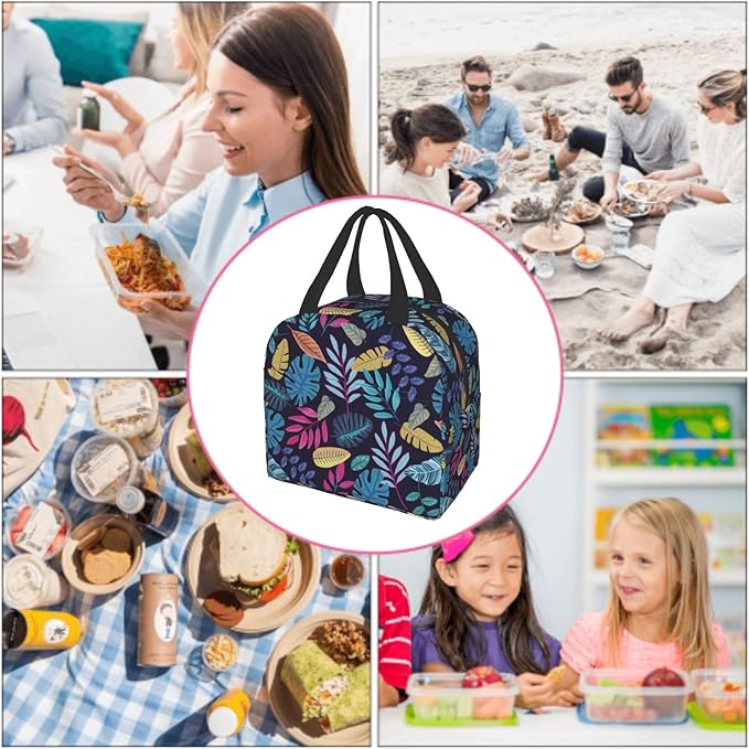 Imiss Blue Tropical Leaves Insulated Lunch Bag for Woman Man Adults， Hawaii Hawaiian Plants Reusable Cooler Lightweight Lunch Cooler Bag with Front Pocket for Picnic Work Office