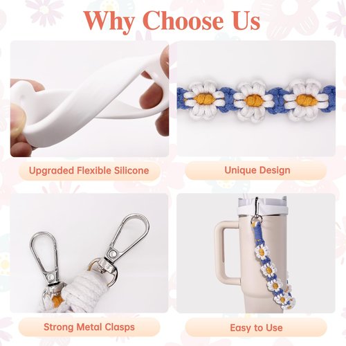 Lingdeer Water Bottle Handle with Lip Balm Holder, Macrame Flowers Water Bottle Sling Holder Lanyard, Carrier with Strap, Fits Most 8-40oz, Compatible with Stanley Cup Accessories
