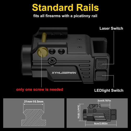 XYH RL70 500 Lumens Tactical Flashlight with Red Laser Sight Combo, Pistol Light Red Laser Combo with Strobe&Constant Light Modes, USB-TypeC Rechargeable Fits Standard Picatinny&Glock Rails