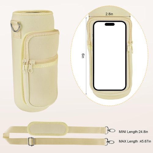 OriJoy Neoprene Water Bottle Carrier Bag Holder with Phone Pocket Compatible with Owala FreeSip 24/32/40 OZ, Tumbler Cup Accessories with Adjustable Strap for Phone Card Keys (Cream, 40 OZ)