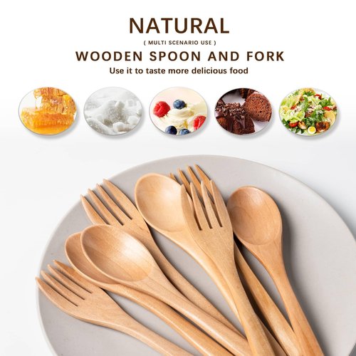 Hefild 8pcs 6.3inch Schima Wooden Utensil Set Including Spoons and Forks, Reusable Handmade Natural Wooden Cutlery, Sustainable Responsible Wood Flatware Set for Stirring Eating＆Camping