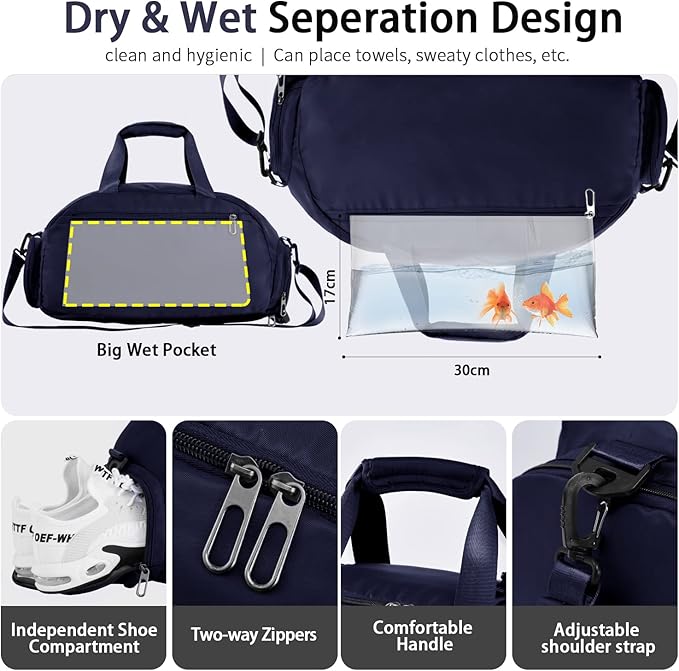 FIORETTO 30L Sports Gym Duffle Bag with Wet Pocket & Shoe Compartment, Weekender Hospital Overnight Bag for Women, Sports Holdall Backpack