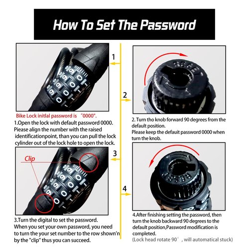 Bicycle Cable Lock, 4-Digit Combination, 6-Foot Long, Resettable Anti-Theft Bicycle Lock,Accessories for Mountain Bike, Road Bike, Electric Bicycle, Scooter（Black）