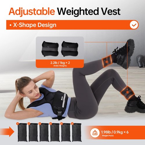 PASYOU Adjustable Weighted Vest 10LB-22LB with Reflective Strip Body Weight Vest with 6 Ironsand Weights 2 Ankle Weights for Men Women Running Weights Vest for Cardio Strength Training Walking Black