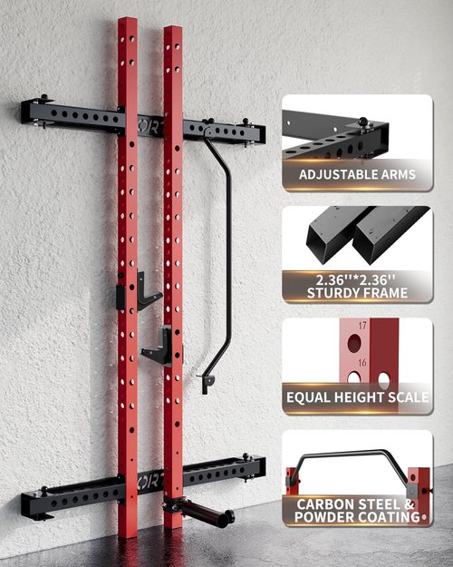 Folding Squat Rack Wall Mounted for Home Gym Garage, 1000 Pounds Capacity, 2.36" x 2.36" Power Rack with Pull Up Bar, J-Hooks and 360° Landmine