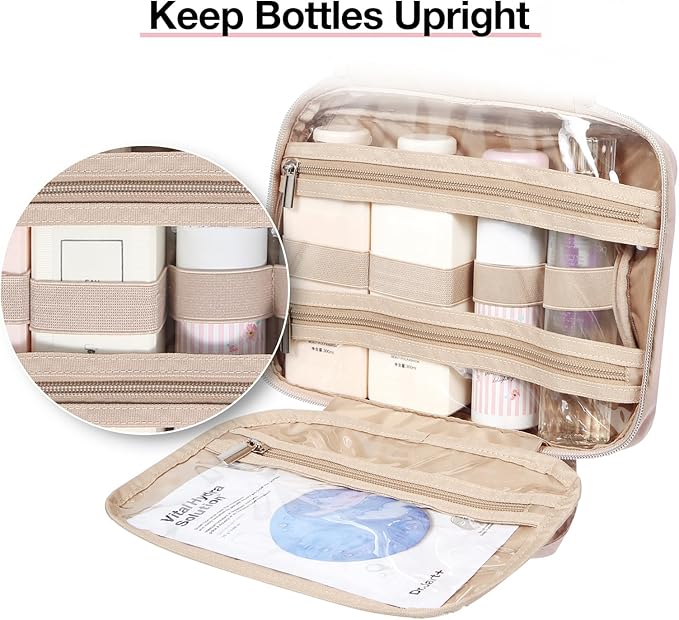 BAGSMART Toiletry Bag Hanging Travel Makeup Organizer with TSA Approved Transparent Cosmetic Bag Makeup Bag for Full Sized Toiletries, Large-Pink