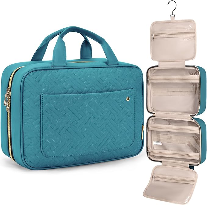 BAGSMART Toiletry Bag Travel Bag with Hanging Hook, Water-resistant Makeup Cosmetic Bag Travel Organizer for Accessories, Shampoo, Full Sized Container, Toiletries，Large-Teal