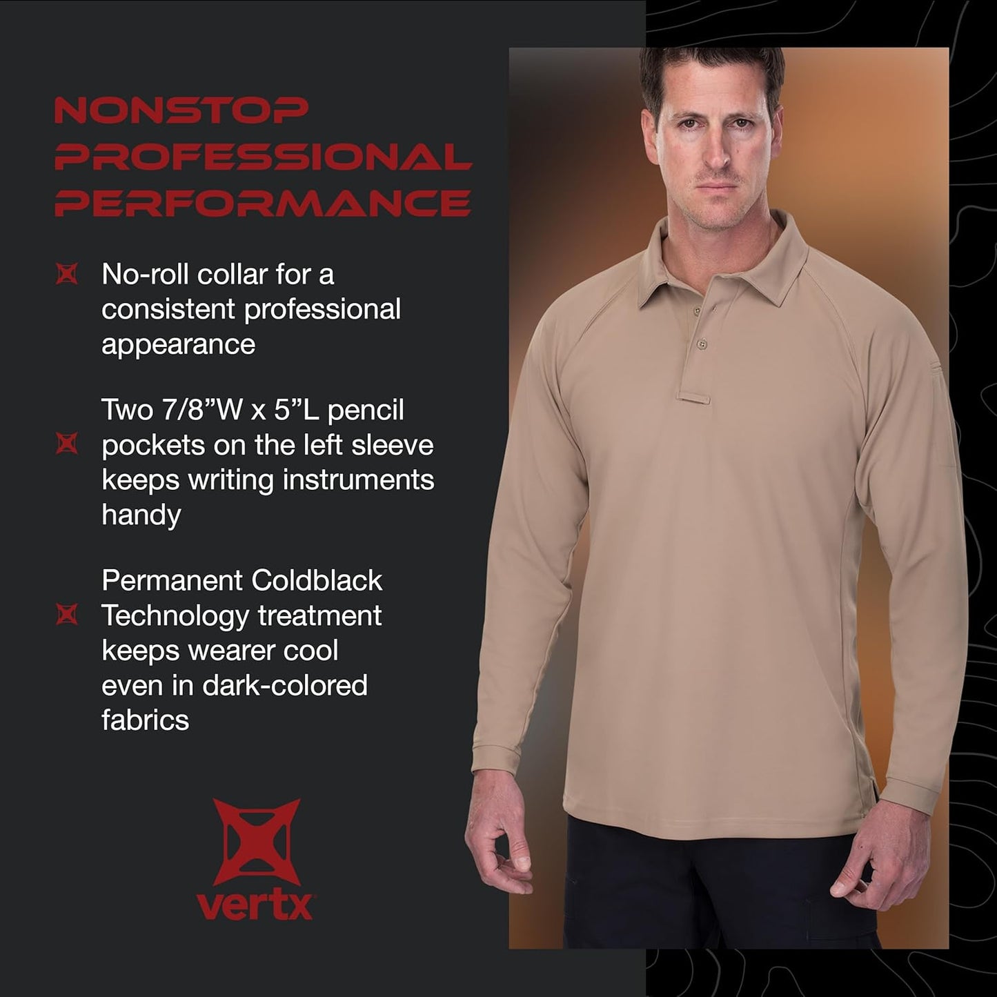 Vertx Mens Tactical Polo Shirt, Long Sleeve T-Shirt, Breathable, Tactical Clothing Gear, Police, Security, Relaxed Fit