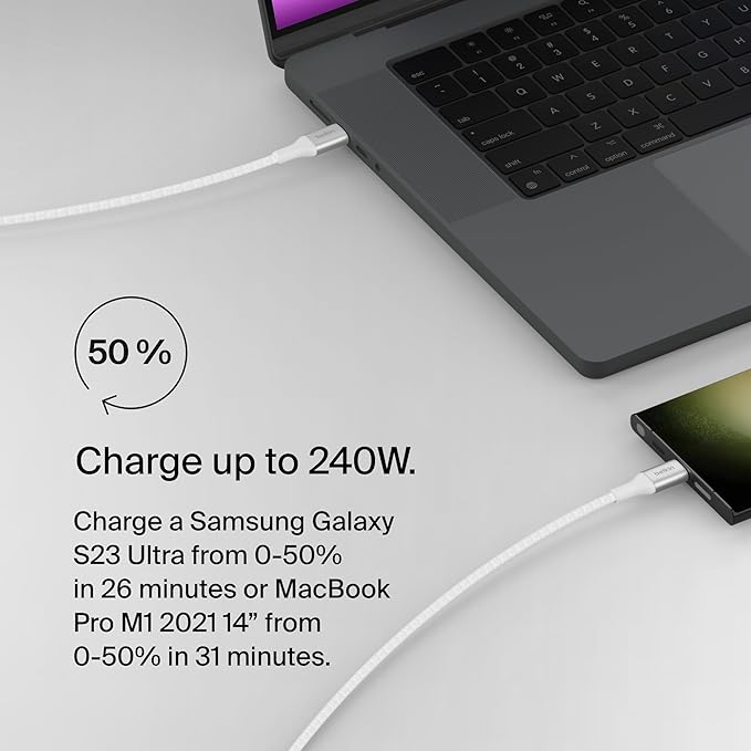Belkin USB C to USB C Cable, 3.3ft, 240W - Type C Charger, iPhone Charger Cord, Fast Charging for iPhone 16, Galaxy S25, Pixel 9, MacBook, Chromebook, iPad Pro, Switch Steam Deck - White