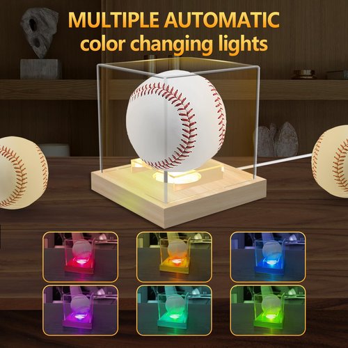 Baseball Display Case with Led Light, Light up Clear Baseball Holder with Wooden Base, Acrylic Baseball Case Display for Balls, Memorabilia Signed Baseball Display Box, Pine Wood (Line Switch)