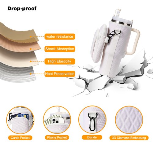 Water Bottle Carrier Bag with Removable Phone Pocket for Stanley 40oz Tumbler, Stanley Purse for Spots&Outdoors, Stanley Cup Accessories with Adjustable Shoulder & Hand Strap, White